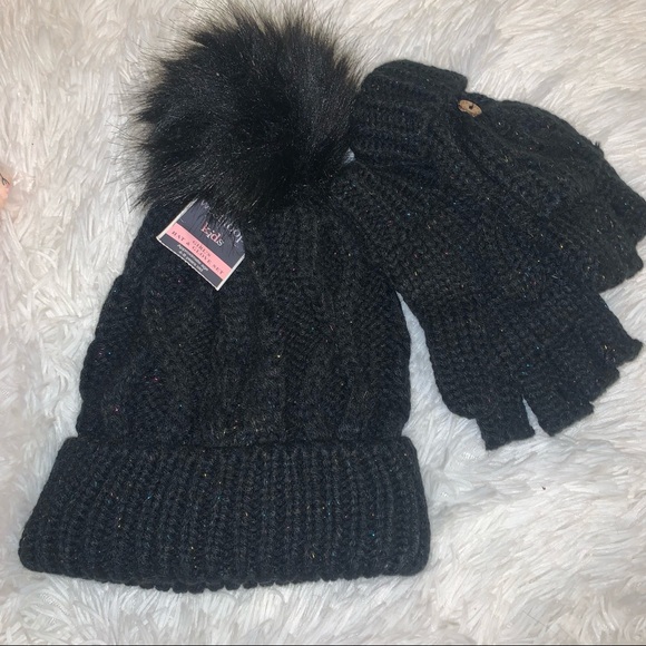 Kids Girls hat & glove set NWT cutoff fingers and hat with Pompom Black Glitter - Picture 2 of 2